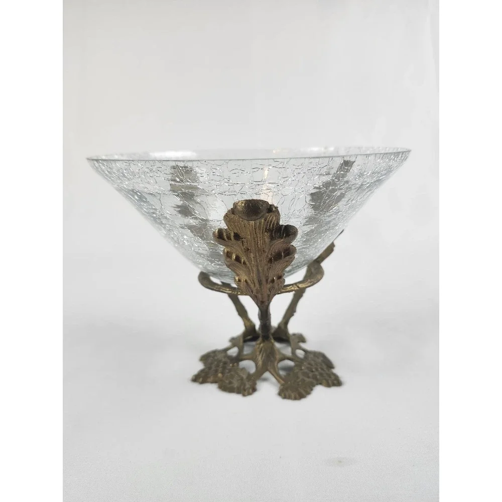 Vintage Crackle Glass Bowl with Brass Tone Grapevine & Oak Leaf Cast Metal Stand